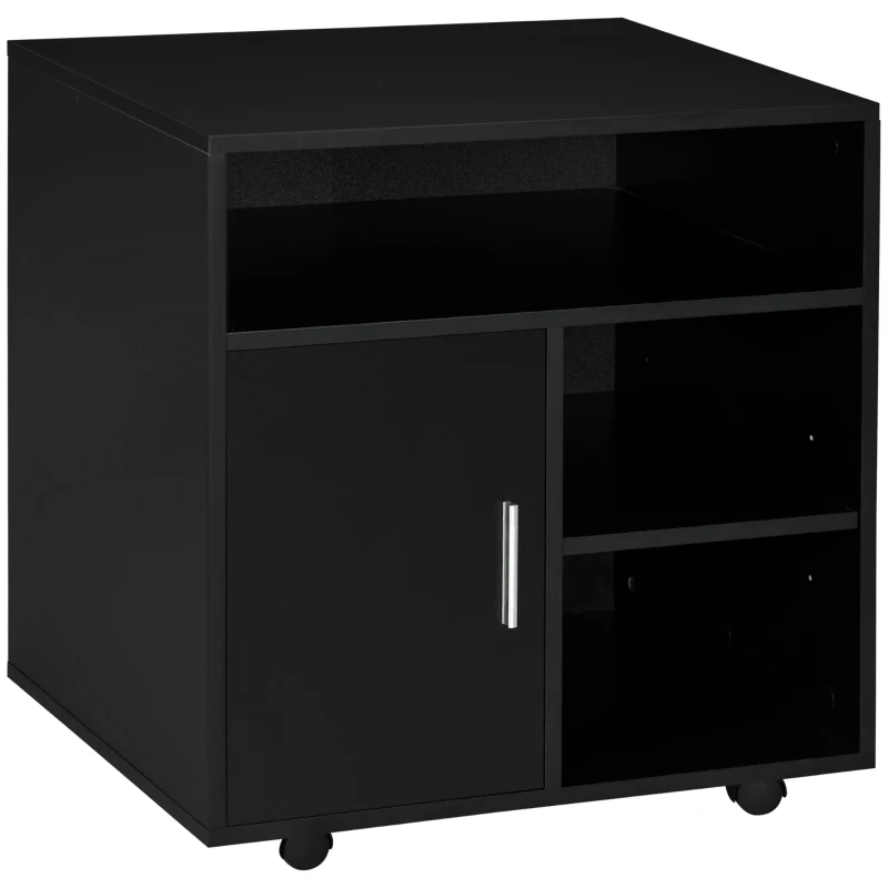 HOMCOM Mobile Porta Stampante a Rotelle con Armadietto e 3 Ripiani Aperti, in Legno, 60x50x65.5 cm, Nero