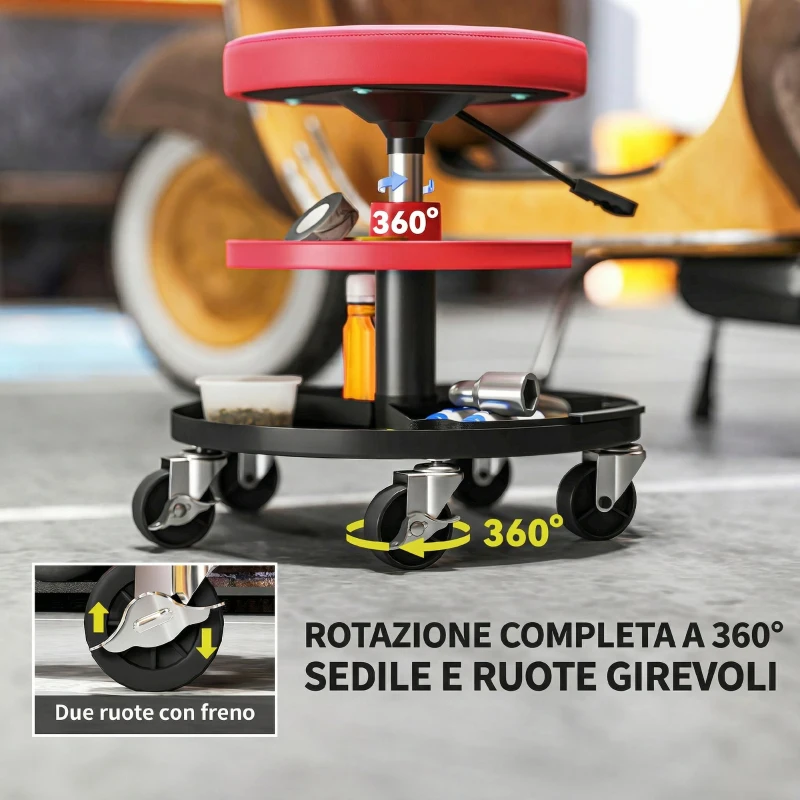 HOMCOM Sgabello da Officina con Ruote da 6 cm, Capacità fino a 135 kg, Altezza Regolabile 40-51 cm, con Vassoi Porta Utensili, Rosso