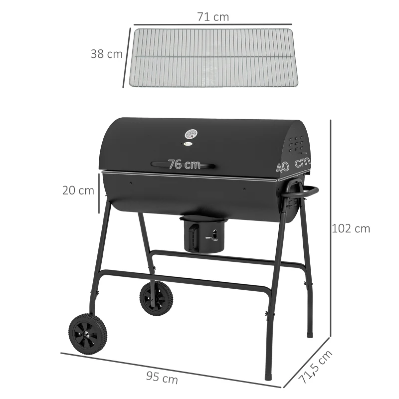 Outsunny Metalen Houtskoolbarbecue BBQ Smoker met Deksel Thermometer Wielen Grillwagen 95x71,5x102 cm Zwart