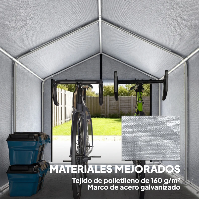 Outsunny Carpa de Jardín Exterior para Herramientas Bicicletas con Marco de Acero Galvanizado Puerta Enrollable Gris