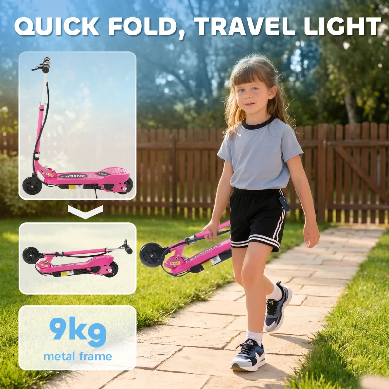 HOMCOM Foldable Electric Kids Scooter, Ride-on for Ages 7-14 Years, Pink