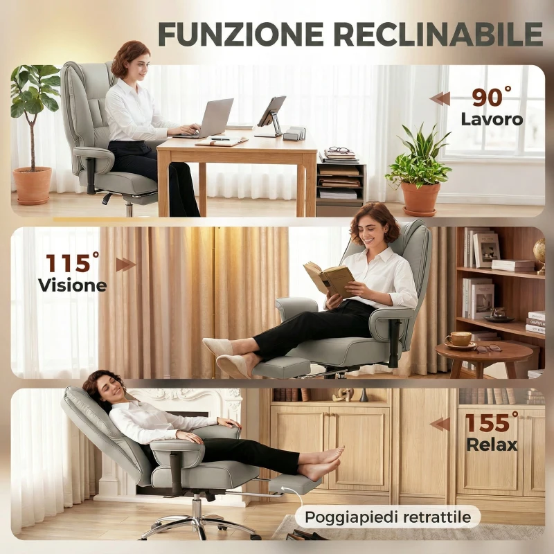 HOMCOM Sedia da Ufficio Ergonomica Reclinabile con Poggiapiedi, Schienale Alto, Altezza Regolabile, Grigio Chiaro