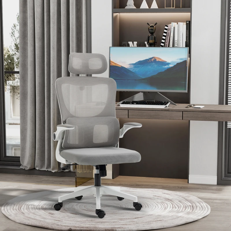 Vinsetto Scaun Ergonomic de Birou, Tetieră Reglabilă, Suport Lombar, 70x66x120-128 cm, Gri