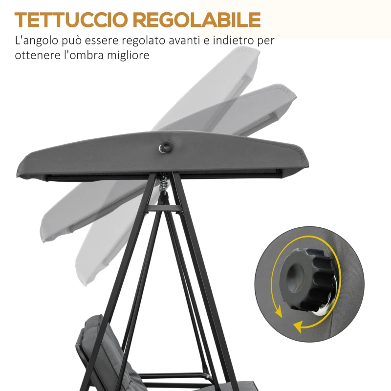 Outsunny Dondolo 2 Posti con Tettuccio Regolabile e Cuscini, in Acciaio e Poliestere, 144x117x173 cm, Grigio