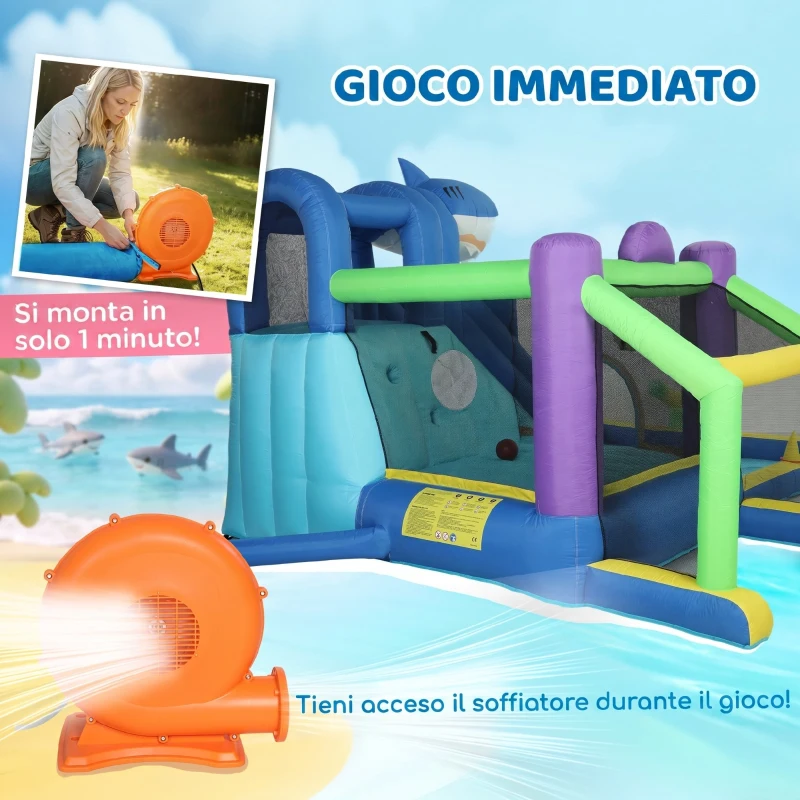 AIYAPLAY Gonfiabile Tema Squali con Scivolo, Piscina/Piscina Palline per Divertimento Bambini all'Aperto