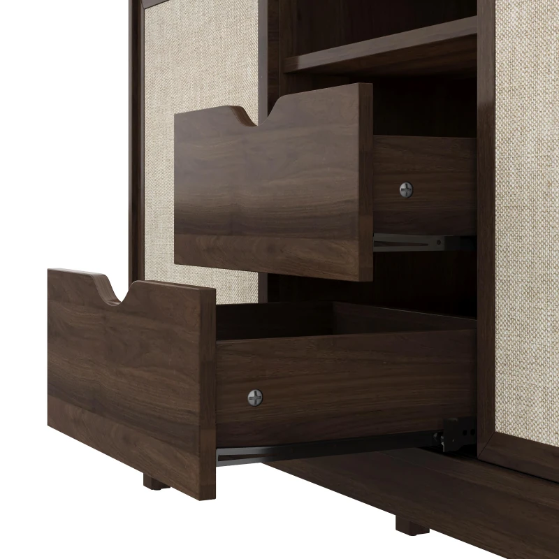 Buffet bas avec portes coulissantes et tiroirs, effet color-block, tablettes réglables, 150x39,5x80 cm, Couleur naturelle