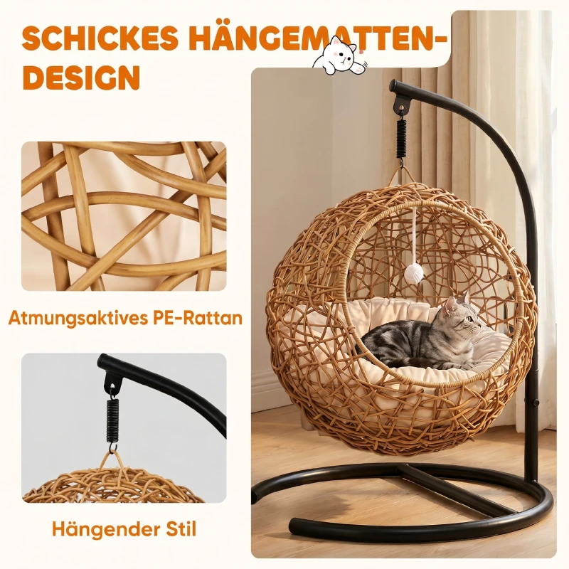 PawHut Katzenbett Rattan Katzenhöhle mit Waschbarem Kissen und Spielball, für Katzen bis 10 kg, 45 x 41 x 75 cm, Hellbraun