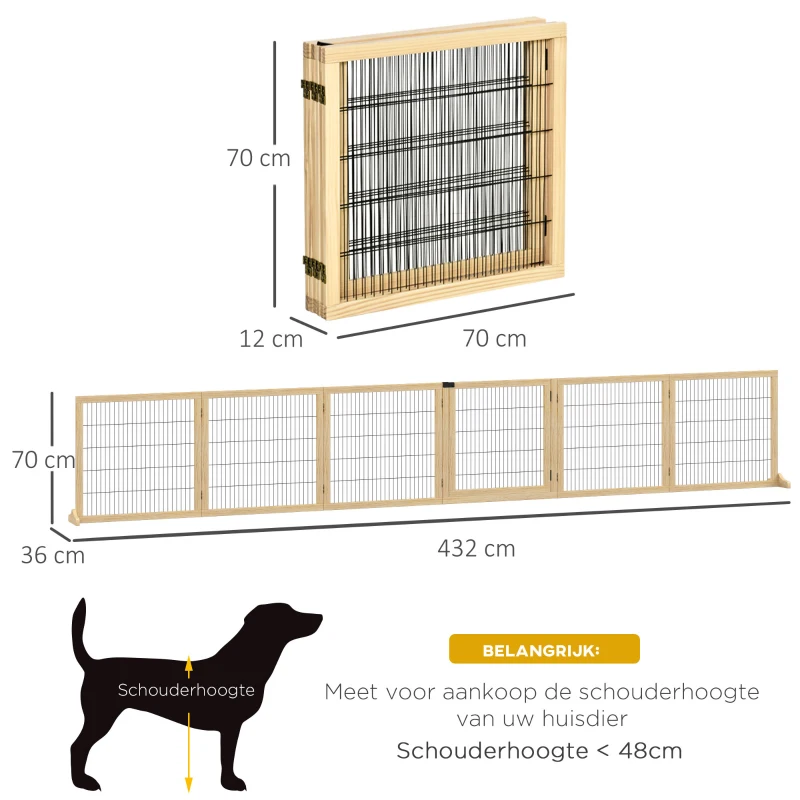 PawHut Hondenhek, Opvouwbaar Houten Hekje voor 70cm, Natuurlijke Uitstraling(m-3)
