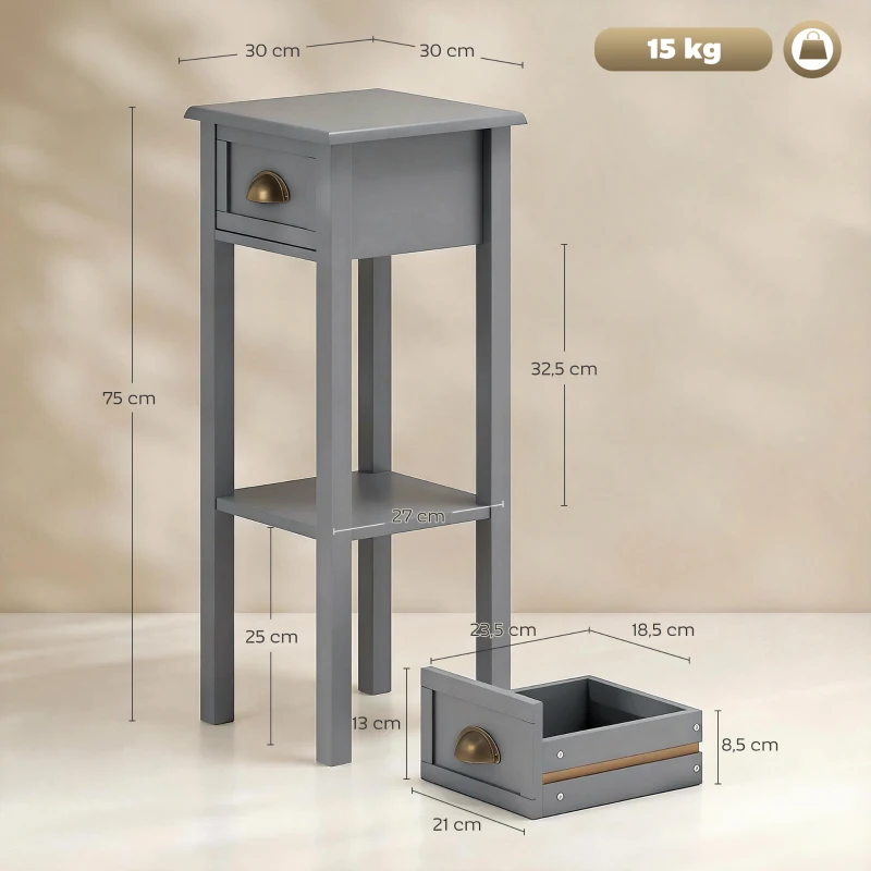 HOMCOM Mesa Auxiliar Estilo Moderno Mesita Auxiliar con Cajón y Estante de Almacenamiento 30x30x75 cm Gris