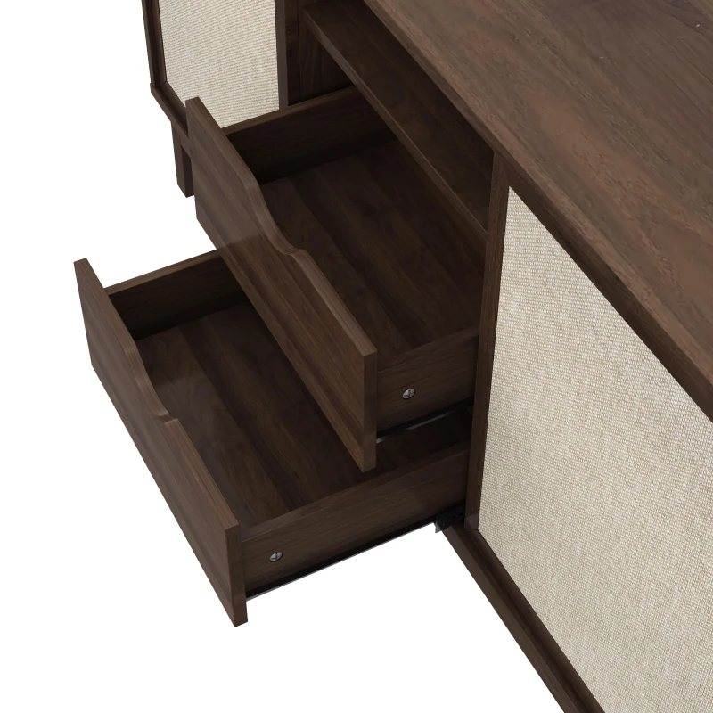 Buffet bas avec portes coulissantes et tiroirs, effet color-block, tablettes réglables, 150x39,5x80 cm, Couleur naturelle
