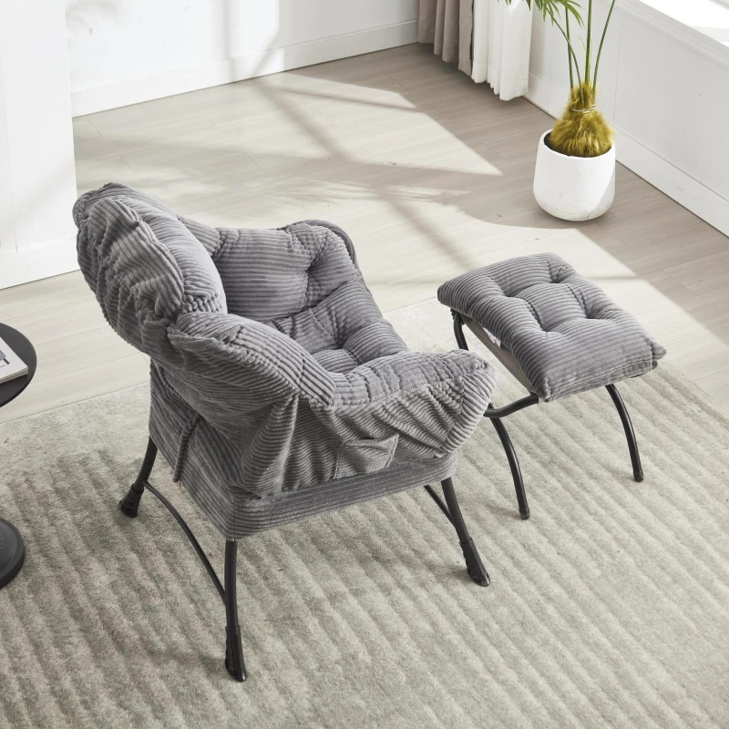Fauteuil lounge avec pouf, accoudoirs et une poche latérale, revêtement en flanelle, 69,9x64,0x95,0 cm, Gris