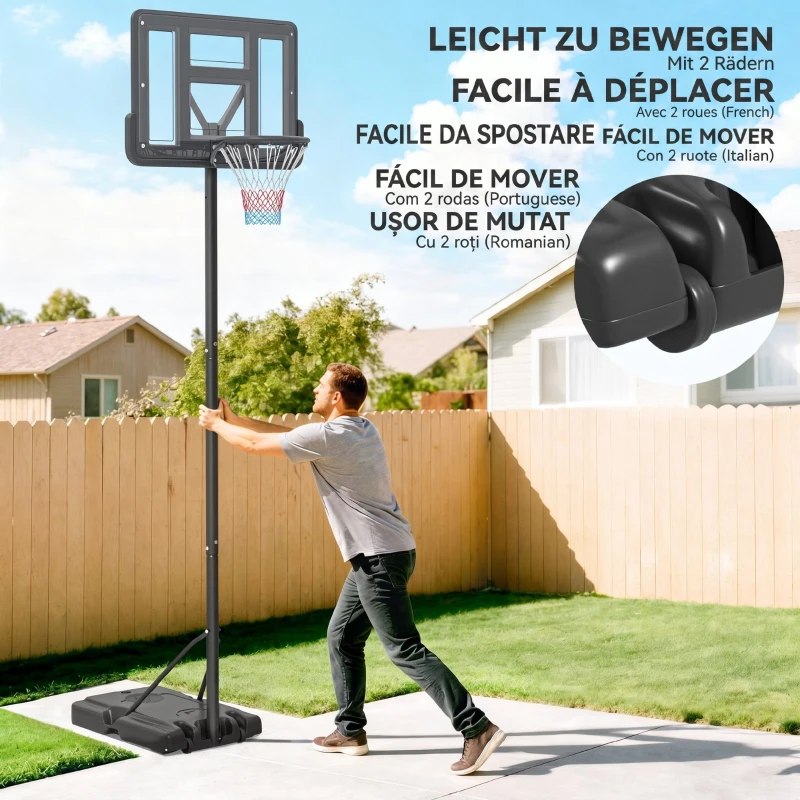 SPORTNOW Coș de Baschet Reglabil pentru Grădină și Piscină cu Bază Umplibilă, 110x75x195-370 cm, Negru