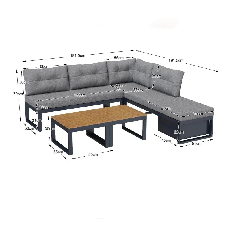 Ensemble de meubles de jardin avec dossiers réglables et fonction relax, rangement dissimulé, pour terrasse, balcon et jardin, Gris foncé
