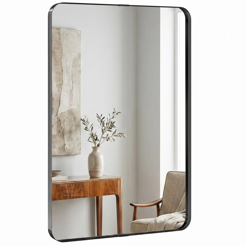 HOMCOM Rectangular Wall Mirror, 90 x 60 cm Wall Mounted Bathroom Mirror with Aluminium Alloy Frame and Tempered Glass, Black