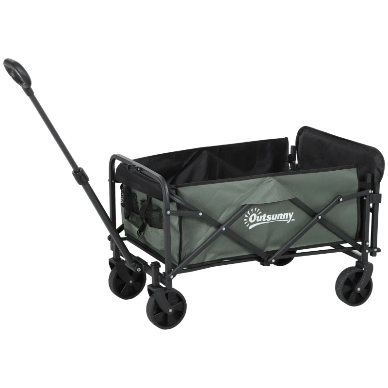 Outsunny Carro de Jardín Plegable con Mango Telescópico Ajustable Puerta Trasera Expandible para Campaña y Compra Verde