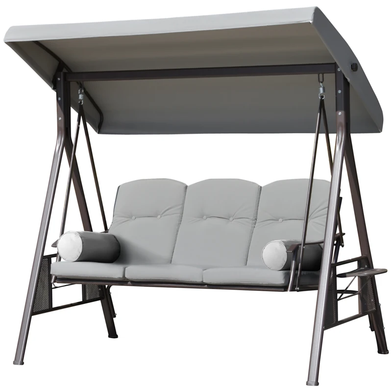 Outsunny Dondolo da Giardino 3 Posti con Tetto Regolabile, Portabicchieri e Cuscini, 208x121x172 cm, Grigio Chiaro