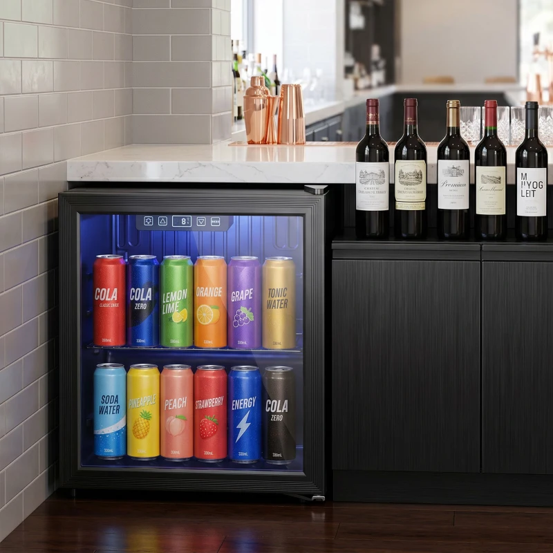 HOMCOM Frigorífico de Bebidas 50 L com Porta de Vidro Duplo Iluminação LED Prateleira Ajustável para 48 Latas