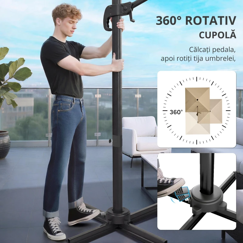 Outsunny Umbrelă cu stâlp lateral pătrată 3 x 3 m, umbrelă de grădină pentru exterior, rotire 360°, înclinabilă 5 poziții, bază în cruce, kaki