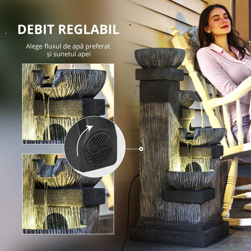 Outsunny Fântână de grădină în cascadă, energie solară, fântână de apă 4 niveluri cu lumini LED, rășină, 38 x 36 x 85 cm, gri