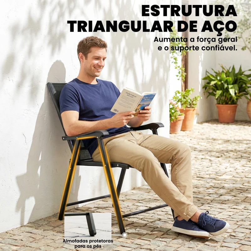 Outsunny Conjunto de 4 Cadeiras de Jardim para Exterior Dobráveis com Encosto Alto e Apoios de Braços para Terraço e Praia 58x62x97 cm Preto