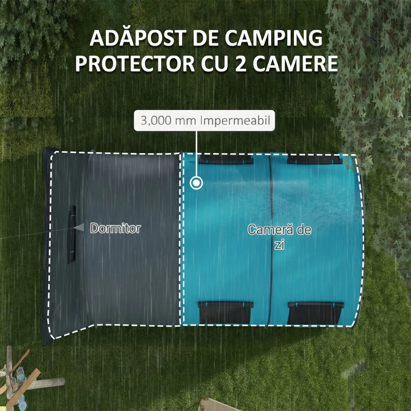 Outsunny Cort de Camping pentru 3 Persoane, Impermeabil, cu Zonă de Dormit și Zonă de Zi, din Poliester, 480x260x200 cm, Gri și Albastru
