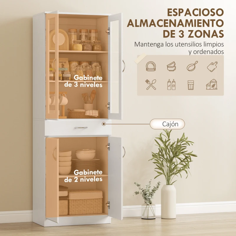 HOMCOM Alacena de Cocina con Puertas de Vidrio Cajón Estantes Ajustables para Comedor Salón 60x35x180 cm Blanco