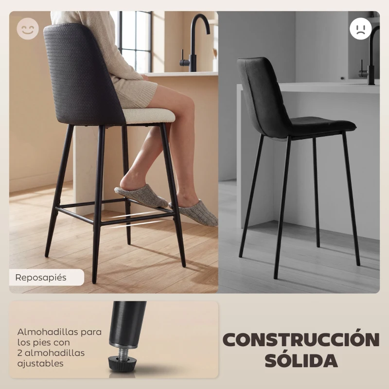 HOMCOM Juego de Taburetes Altos de Cocina con Respaldo y Reposapiés Tapizados de Lino y PU Marco de Acero Negro