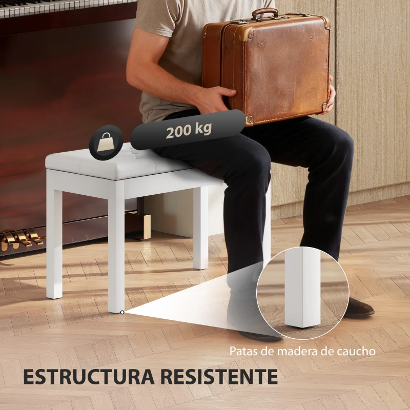 HOMCOM Taburete de Piano Banco de Teclado con Espacio de Almacenamiento Bajo del Asiento de Cuero Sintético 76x36x50 cm Blanco