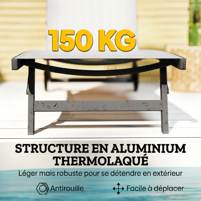 Outsunny Lot de 2 bains de soleil en aluminium et textilène avec roulettes dossier inclinable charge max. 150 Kg crème