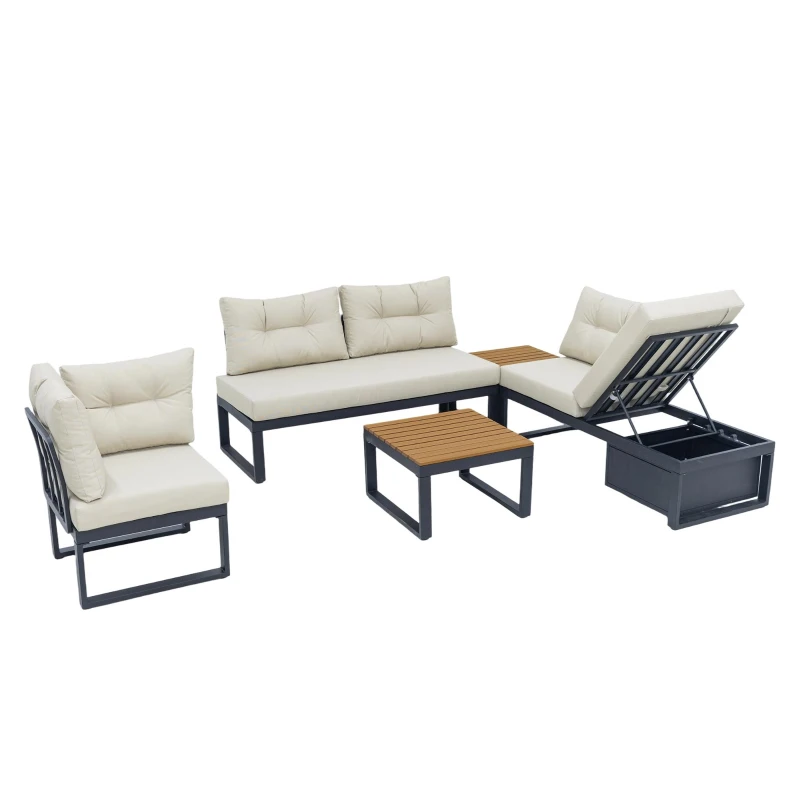 Ensemble de meubles de jardin avec dossiers réglables et fonction relax, rangement dissimulé, pour terrasse, balcon et jardin, Beige