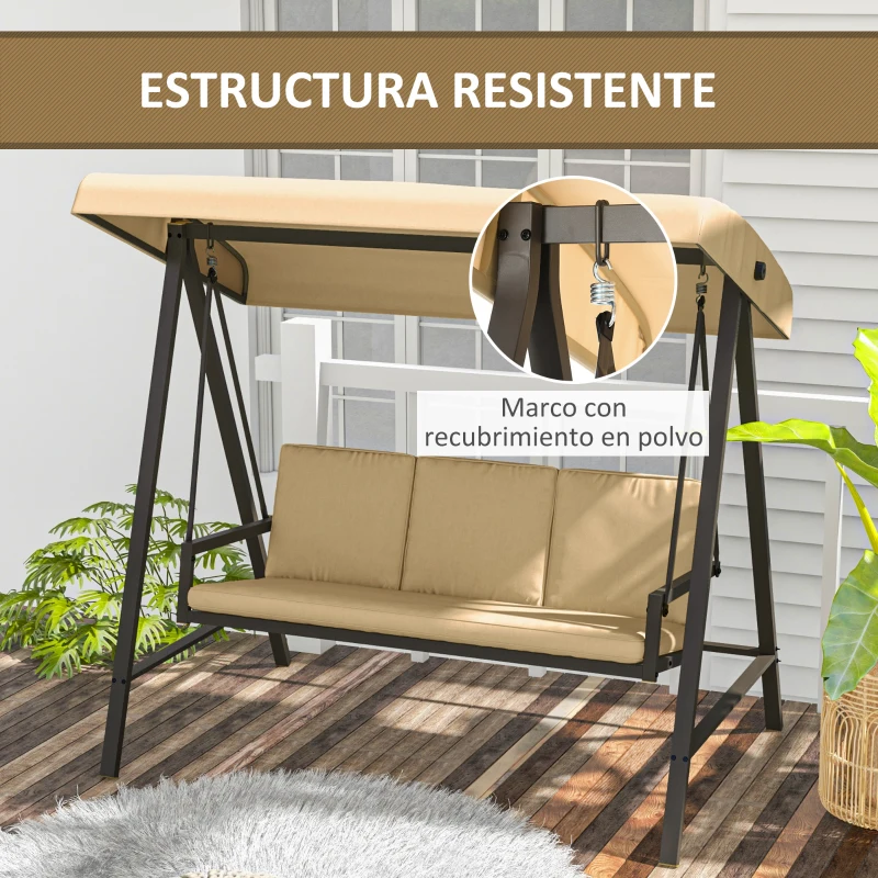 Outsunny Balancín de Jardín de 3 Plazas Columpio Exterior Jardín con Toldo Ajustable Cojines Extraíbles 200x125x175 cm Beige