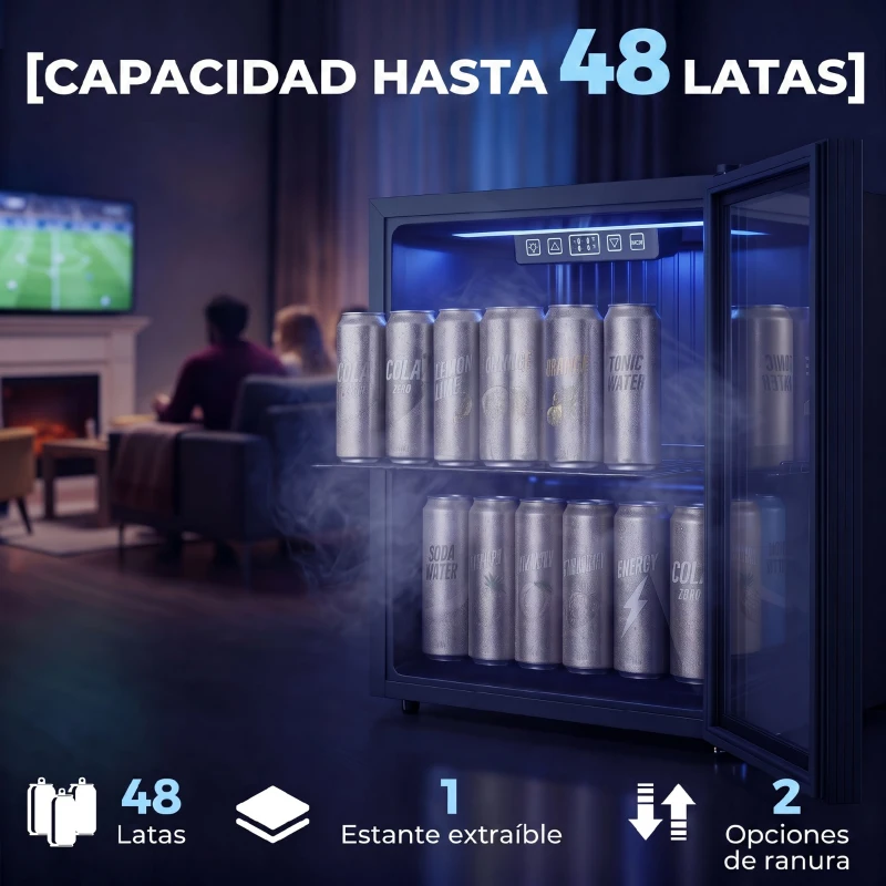 HOMCOM Frigorífico de Bebidas 50 L com Porta de Vidro Duplo Iluminação LED Prateleira Ajustável para 48 Latas