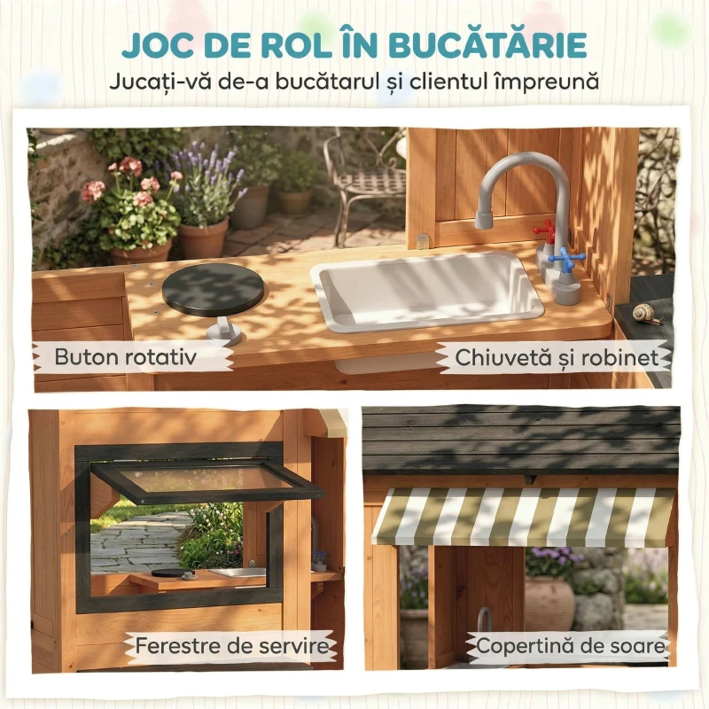 AIYAPLAY Căsuță de Grădină pentru Copii din Lemn de Brad, Căsuță pentru Exterior cu Bucătărie, 4 Ferestre, Ușă Parțială, Bancă, Raft și Acoperiș, pentru Copii 3-8 Ani, 171.5x146x156 cm, Maro