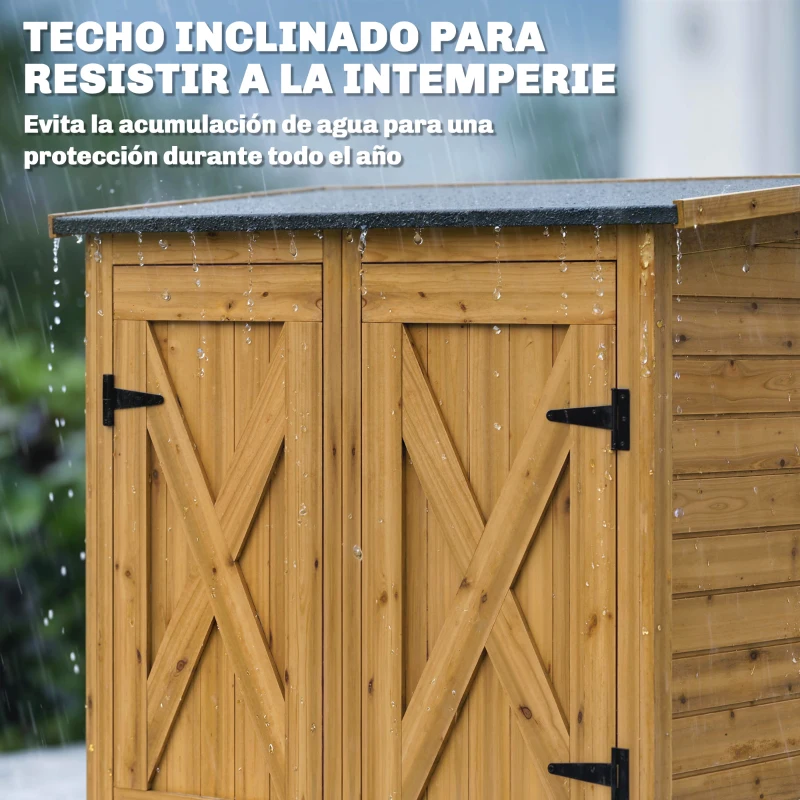 Outsunny Caseta de Jardín de Madera 115x53x156 cm Armario para Herramientas con Puertas Dobles y Estantes Techo Inclinado Marrón