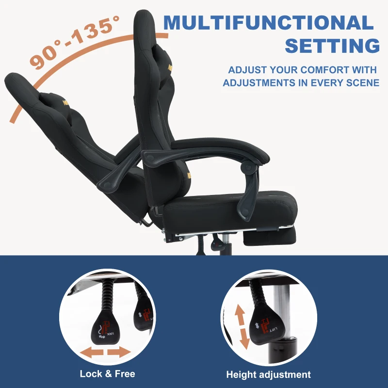 Gaming-Stuhl der ANDYOU-Serie mit Fußstütze – Ergonomischer Computerstuhl aus PU-Leder, Schwarz