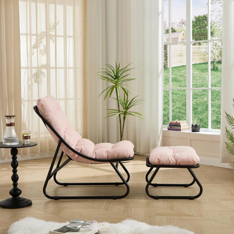 Fauteuil lounge d'extérieur avec pouf, coussin rembourré, tissu sling, structure en acier, Rose