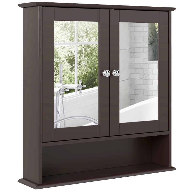 kleankin Armario de Baño con Espejo Armario de Pared con 2 Puertas Estante Abierto Estante Ajustable 56x13x58cm Marrón Oscuro