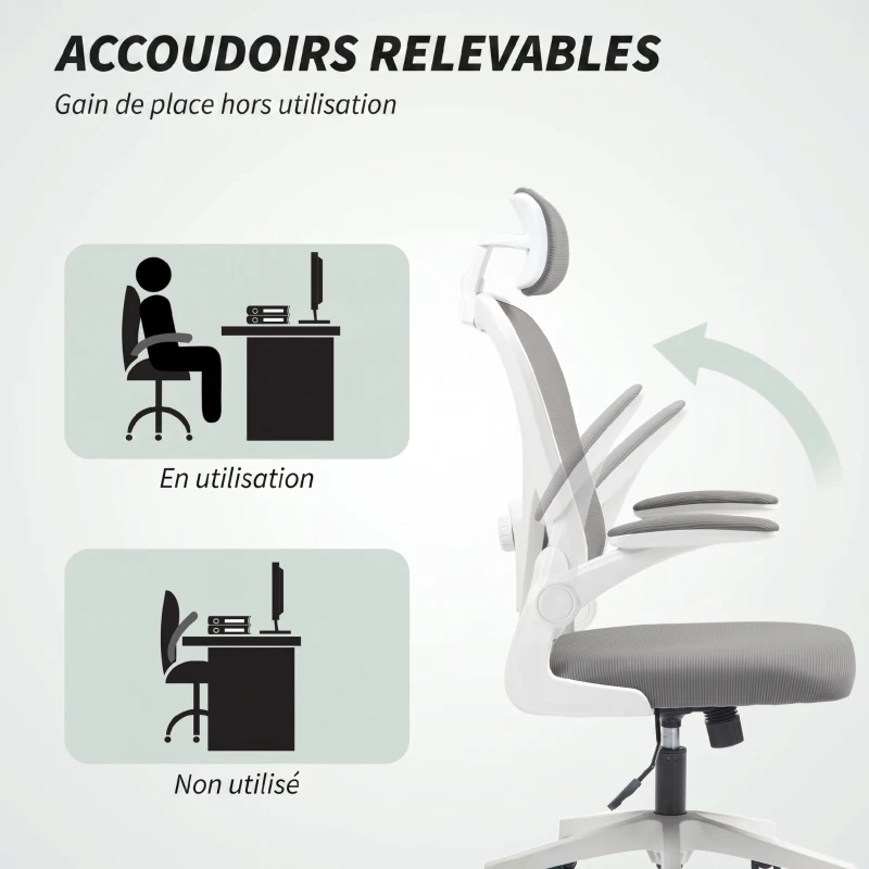 HOMCOM Chaise de Bureau Ergonomique, Fauteuil de Bureau en Maille avec Appui-Tête et Soutien Lombaire Réglables, Gris