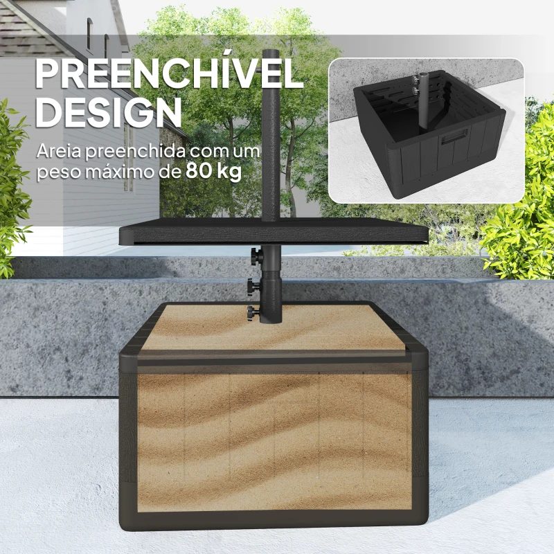 Outsunny Base para Chapéu de Sol Exterior 3 em 1 Mesa Auxiliar Ajustável Vaso Recarregável com Areia 80 kg Preto
