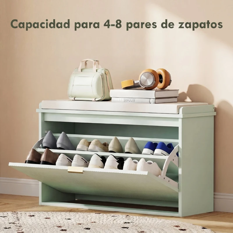 HOMCOM Banco Zapatero con Asiento Acolchado Cajón Abatible Estante Ajustable para Entrada Dormitorio 80x26x47,5 cm Verde Claro