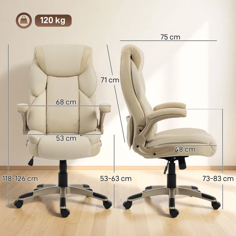 HOMCOM Silla de Oficina con Masaje Vibratorio de 4 Puntos Calor Lumbar Brazos Abatibles Respaldo Alto Altura Ajustable Crema