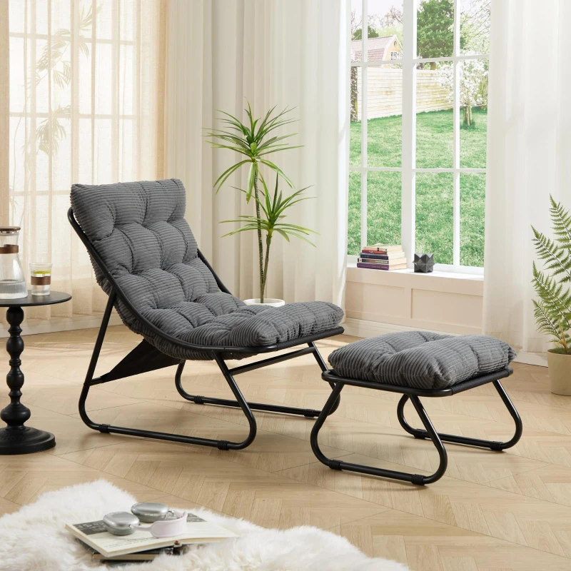 Fauteuil lounge d'extérieur avec pouf, coussin rembourré, tissu sling, structure en acier, Gris