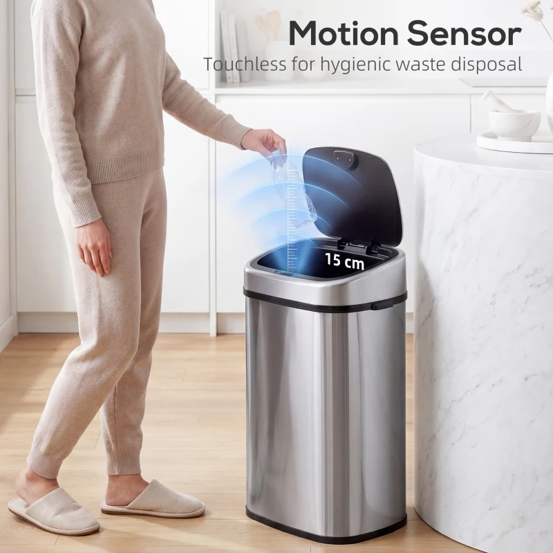 HOMCOM 58L Motion Sensor Bin, Automatic Touchless Rubbish Bin with Fingerprint Resistant Stainless Steel for Kitchen, Hygienic Gyms, Home Office Use, Silver Tone