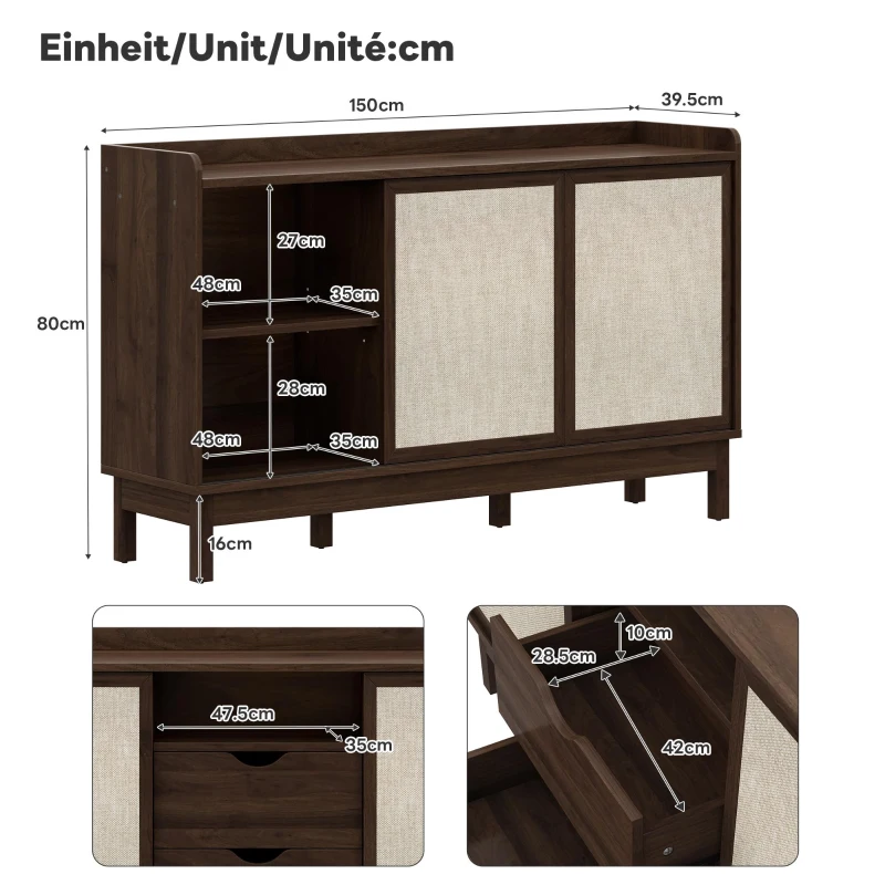 Buffet bas avec portes coulissantes et tiroirs, effet color-block, tablettes réglables, 150x39,5x80 cm, Couleur naturelle