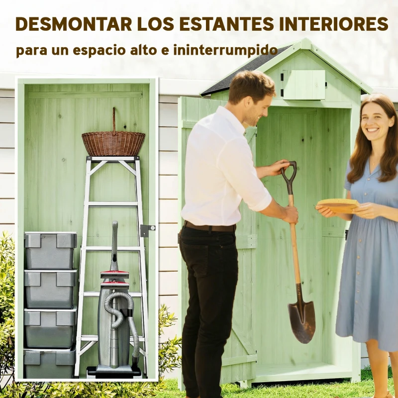 Outsunny Armario de Jardín de Madera Armario de Almacenamiento Cobertizo de Jardín con Estantes 77x54,2x179 cm Verde