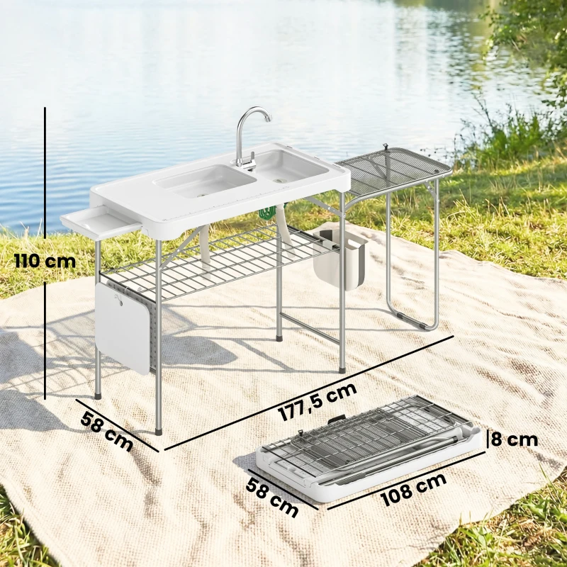 Outsunny Mesa de Limpieza de Pescado Plegable Portátil con 2 Fregaderos Grifo Manguera Estante Lateral Cesta y Ranuras Blanco