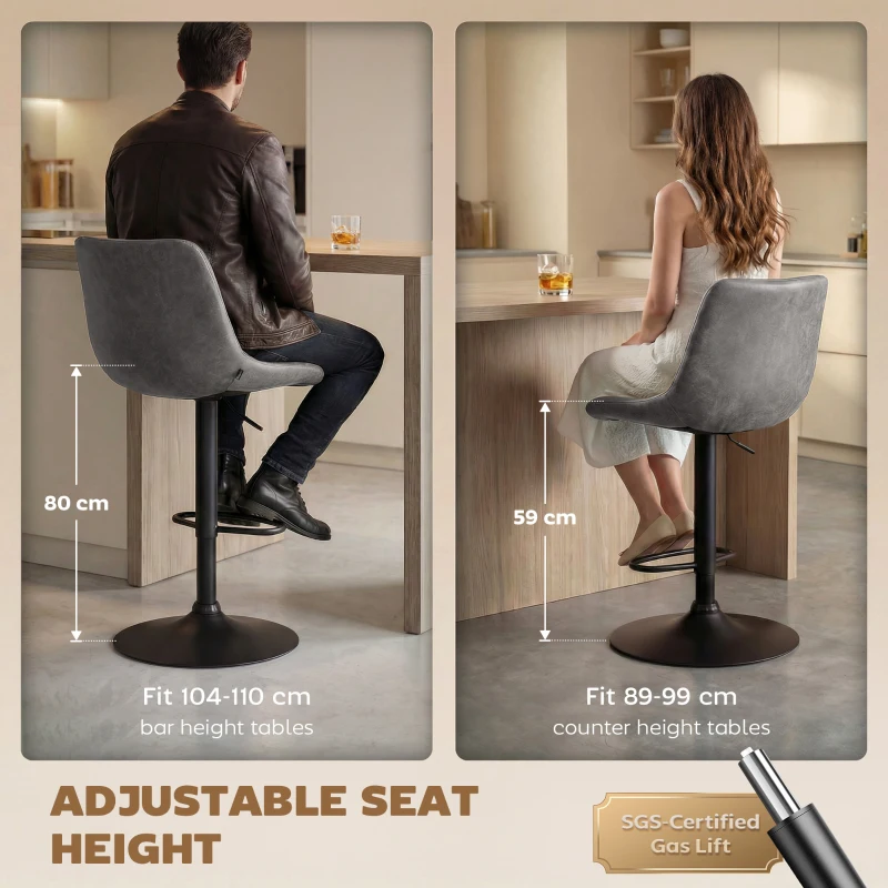 HOMCOM Breakfast Bar Stools Set of 2, 59-80cm Sitting Hight Leather Upholstered Bar Chairs - Grey