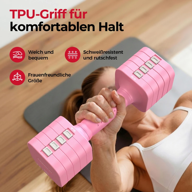 5‑in‑1 verstellbares Kurzhantelset (2 Stück), Dual‑Lock, weicher TPU‑Griff, 29.5x24.5x13 cm, Rosa