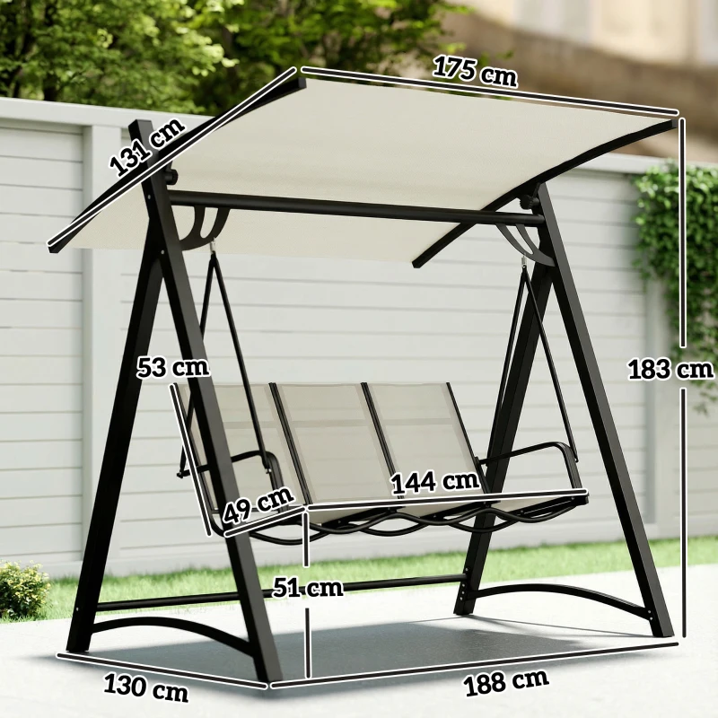 Outsunny Columpio de Jardín de 3 Plazas con Techo Ajustable UPF50+ Asiento Transpirable Carga 360 kg 188x130x183 cm Crema