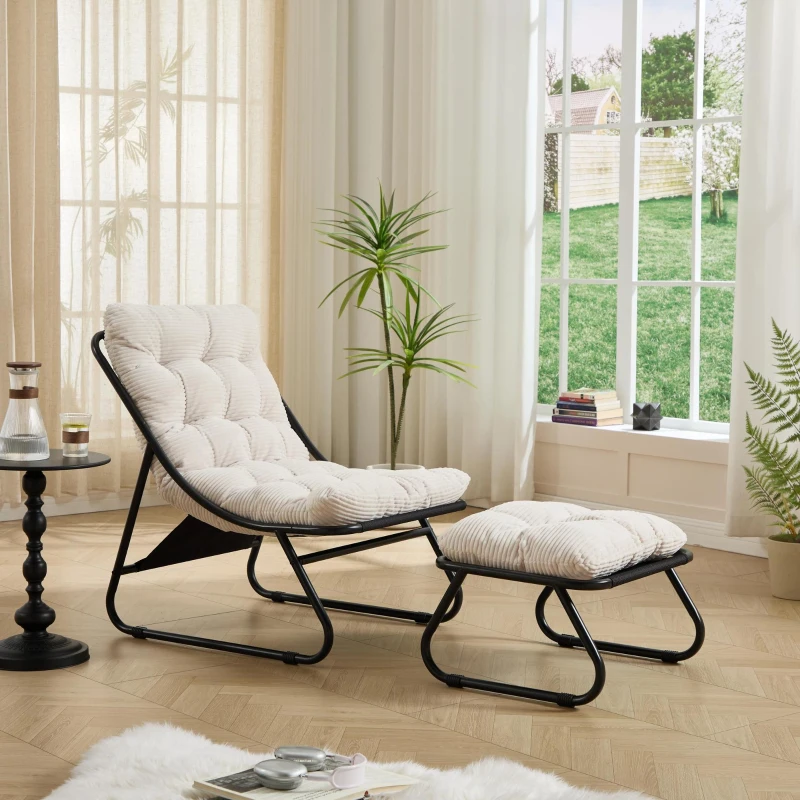 Fauteuil lounge d'extérieur avec pouf, coussin rembourré, tissu sling, structure en acier, Blanc
